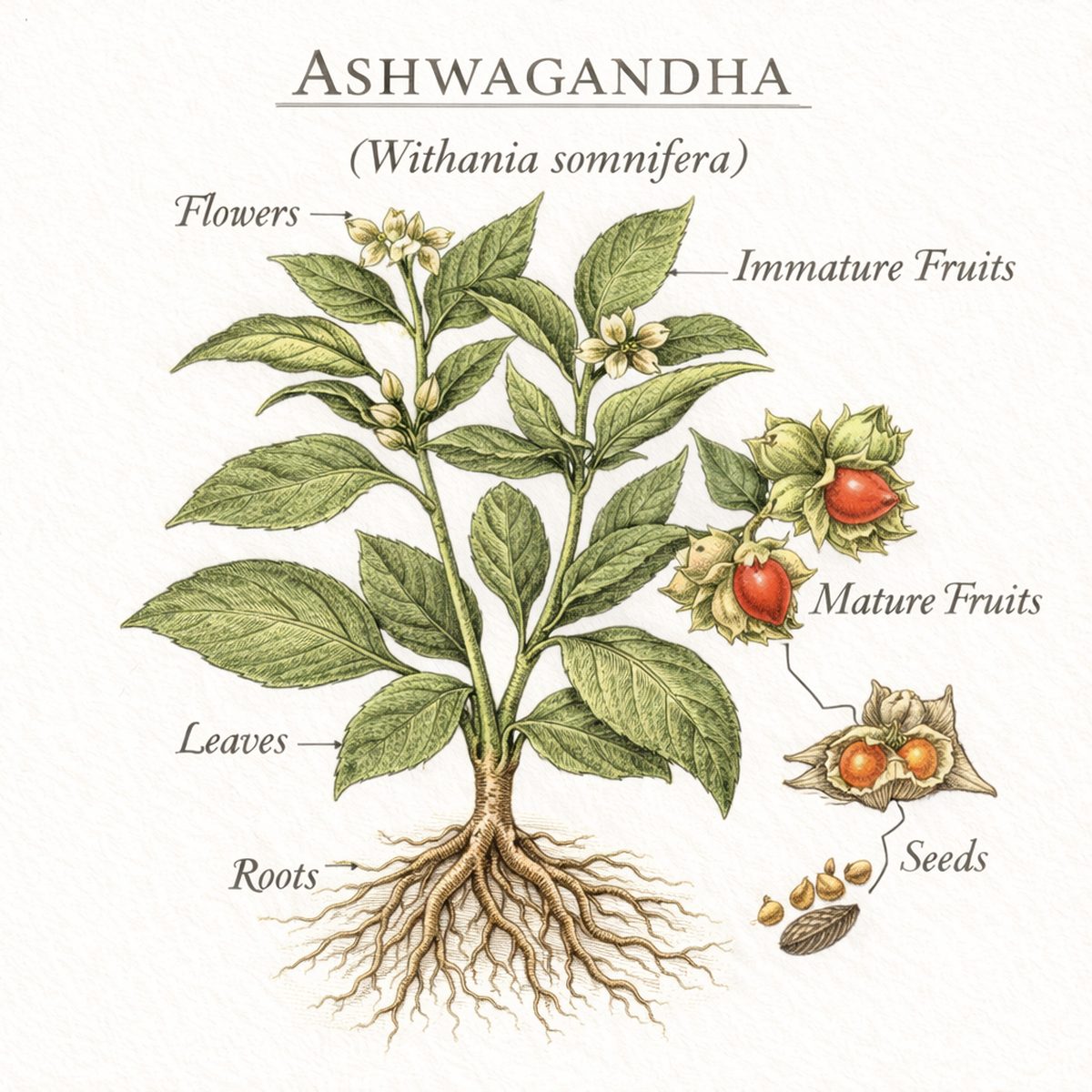 Botanical illustration plate of ashwagandha (Withania somnifera), showing the plant and its root — the part used in Herbalism 101 Lesson 36.