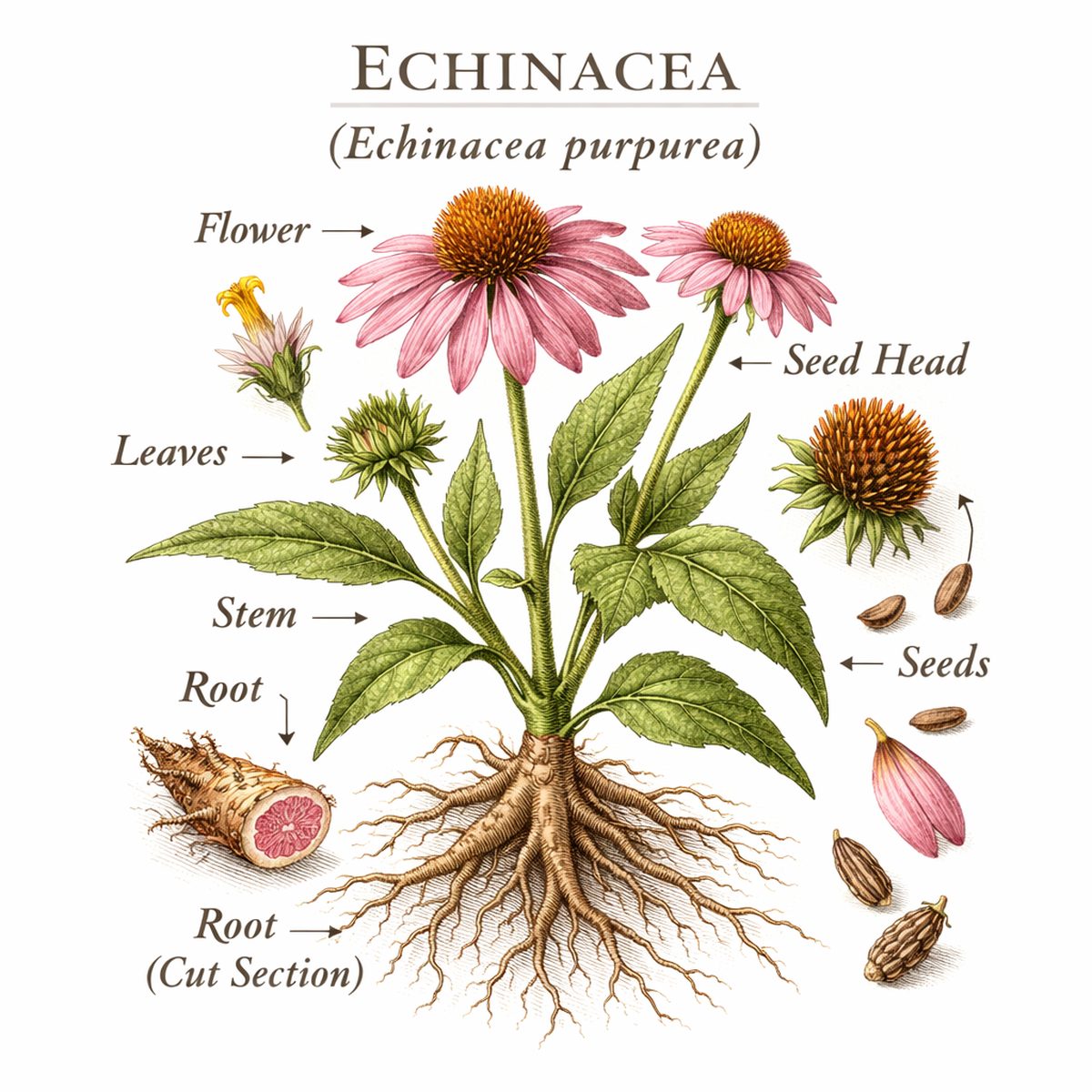 Botanical illustration plate of echinacea (Echinacea purpurea), showing the plant and its aerial parts and root — the part used in Herbalism 101 Lesson 38.