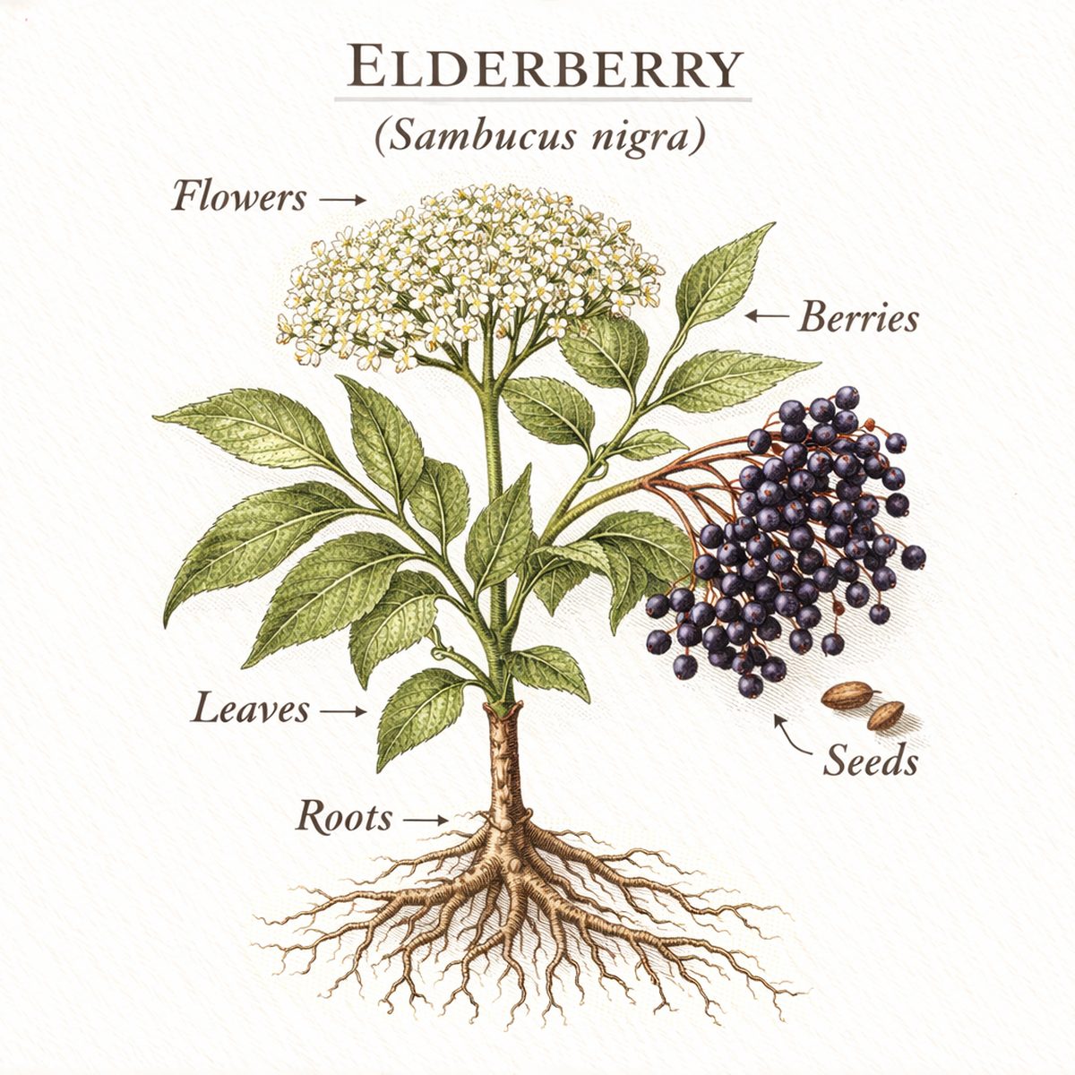 Botanical illustration plate of elderberry (Sambucus nigra), showing the plant and its berry — the part used in Herbalism 101 Lesson 35.