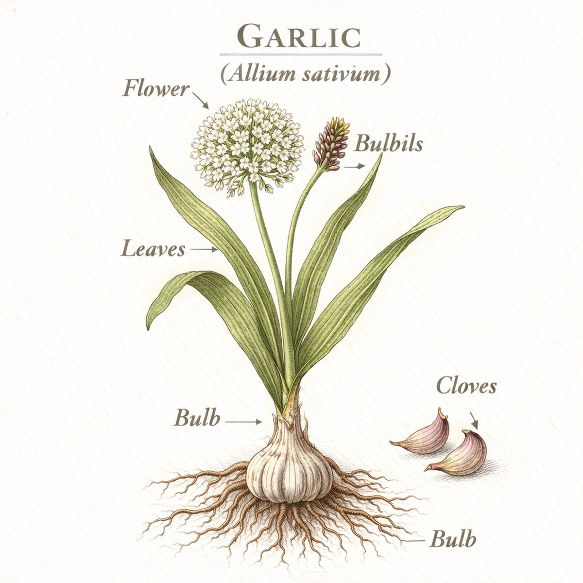 Botanical illustration plate of garlic (Allium sativum), showing the plant and its bulb — the part used in Herbalism 101 Lesson 34.