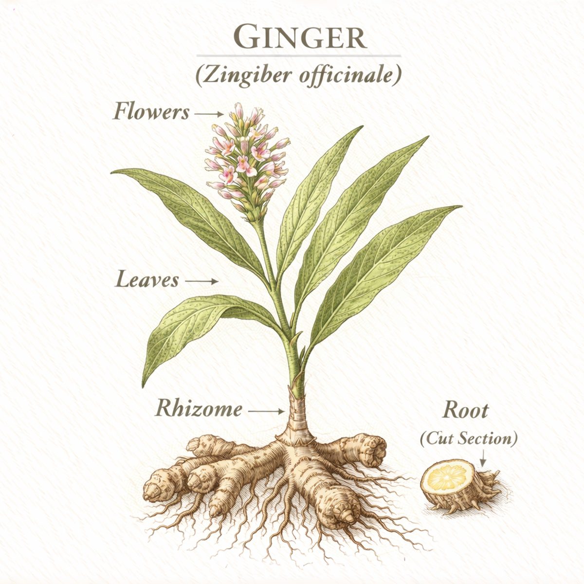Botanical illustration plate of ginger (Zingiber officinale), showing the plant and its rhizome — the part used in Herbalism 101 Lesson 32.