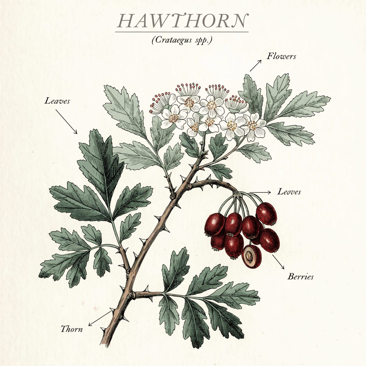 Botanical illustration plate of hawthorn (Crataegus spp.), showing the plant and its leaf, flower and berry — the part used in Herbalism 101 Lesson 37.