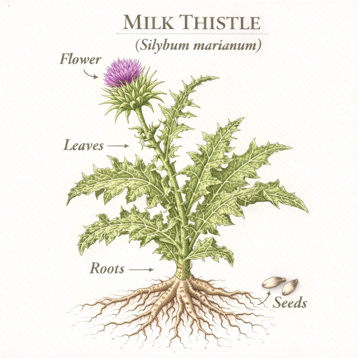 Botanical illustration plate of milk thistle (Silybum marianum), showing the plant and its seed — the part used in Herbalism 101 Lesson 40.