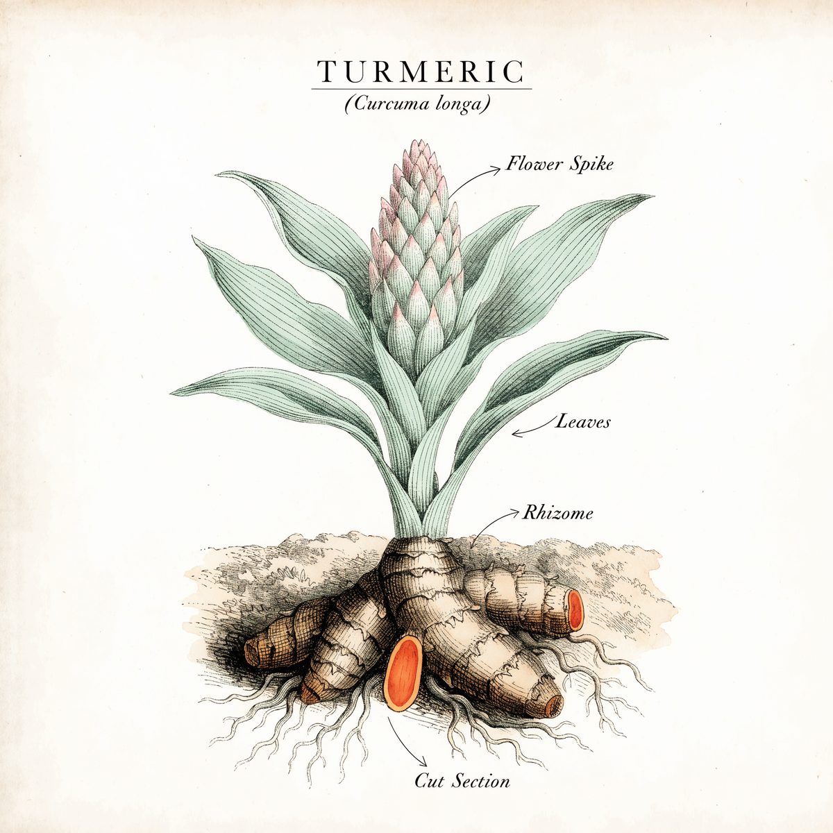 Botanical illustration plate of turmeric (Curcuma longa), showing the plant and its rhizome — the part used in Herbalism 101 Lesson 33.